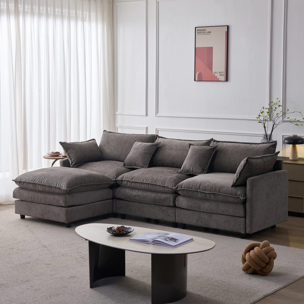 Divano angolare modulare 3 posti con pouf mobile e 2 cuscini, in ciniglia, grigio