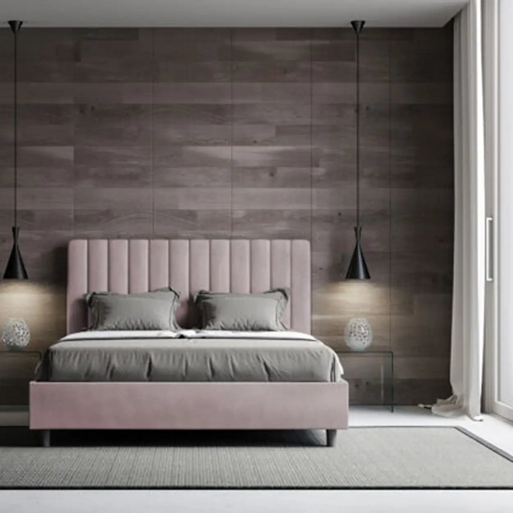 Letto matrimoniale francese con rete imbottito 140x200 microfibra glicine Agueda