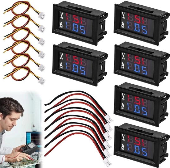 Multimetro digitale LED 6 in 1 DC 0-100 V 50 A con doppia visualizzazione colore rosso blu.