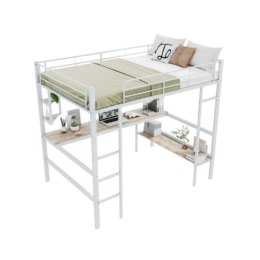 Letto a castello bianco in metallo con scrivania e scaffali 140x200 cm