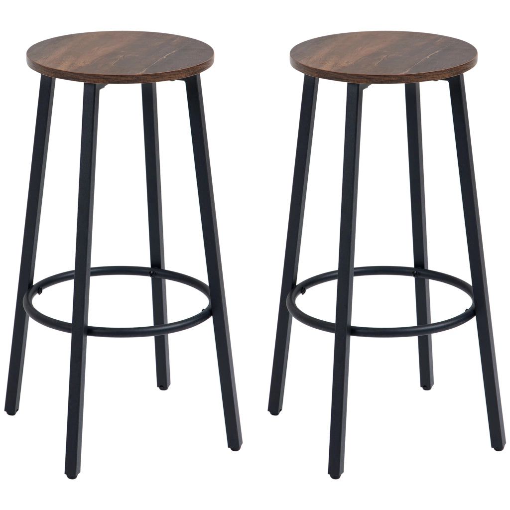 Set di 2 sgabelli da bar industriali con poggiapiedi, struttura in acciaio, seduta effetto legno, 42 x 42 x 65 cm, marrone