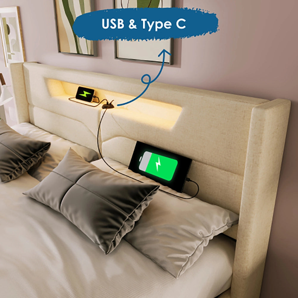 Letto matrimoniale con LED - Xylo - 140x200cm - Beige - USB e funzione cassone