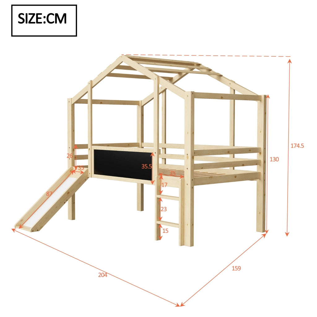 Letto a soppalco per bambini 90×200 cm con scala; scivolo e lavagna; senza materasso; legno massello; naturale