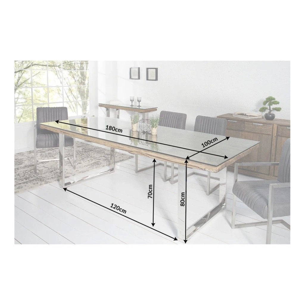 Tavolo da pranzo RAFTA 180 cm – Piano in legno riciclato e vetro temperato, struttura in metallo