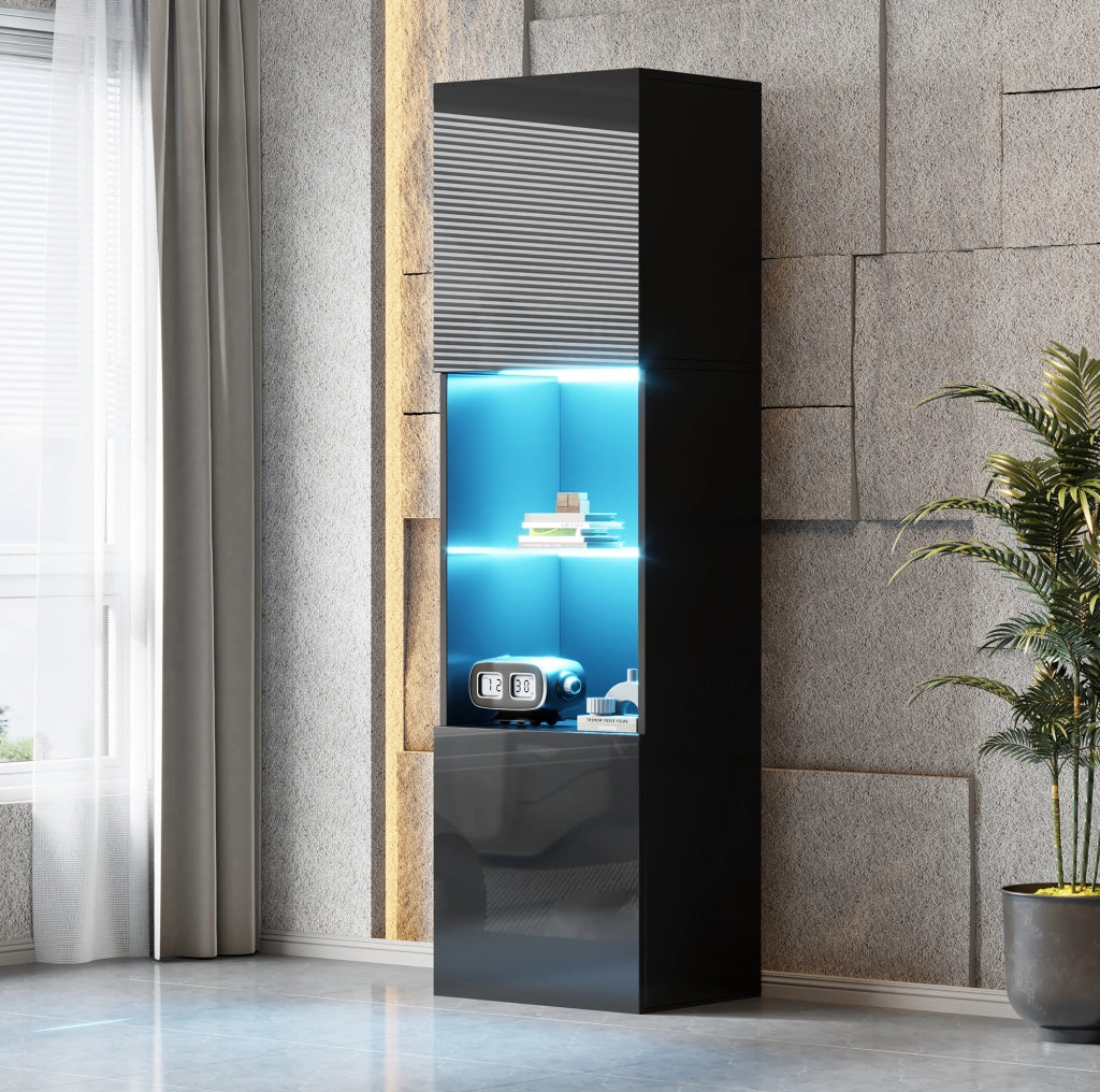 Vetrina 45x35x160 cm con LED e ripiano in vetro temperato in truciolare nero