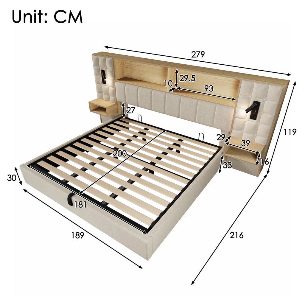 DESMIU Lit coffre 180 × 200 cm 2 posti con lampade da lettura, USB e Type-C, senza materasso, beige
