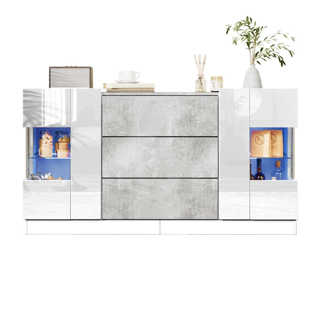 Madia 140x35x75 cm con LED a 16 colori e 2 ante 3 cassetti in MDF; truciolare e vetro bianco e marmo grigio