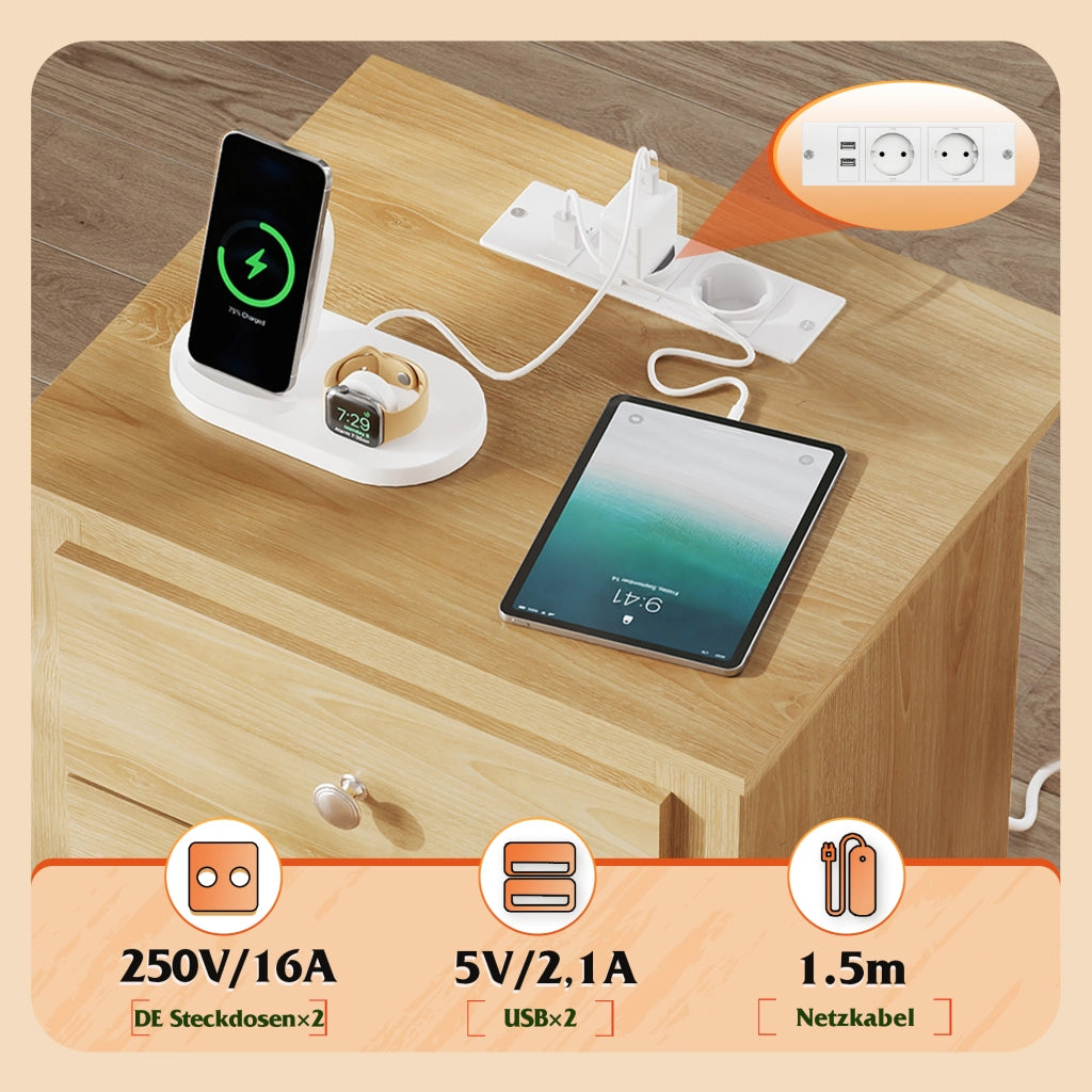 Comodino con 3 Cassetti e Prese USB ¨C Minimal ¨C Legno, Grigio, 40x40x50 cm