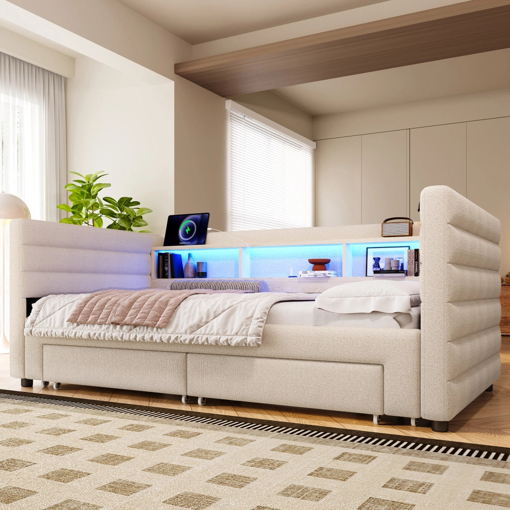 LETTO estraibile 90x190 cm in velluto beige con cassetti e luci LED