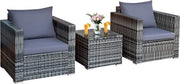 Set di rattan 3 pezzi per arredamento esterno, insieme di rattan con tavolo in vetro e cuscino di seduta lavabile, insieme di giardino, insieme di relax per interni ed esterni, colore grigio.