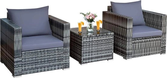 Set di rattan 3 pezzi per arredamento esterno, insieme di rattan con tavolo in vetro e cuscino di seduta lavabile, insieme di giardino, insieme di relax per interni ed esterni, colore grigio.