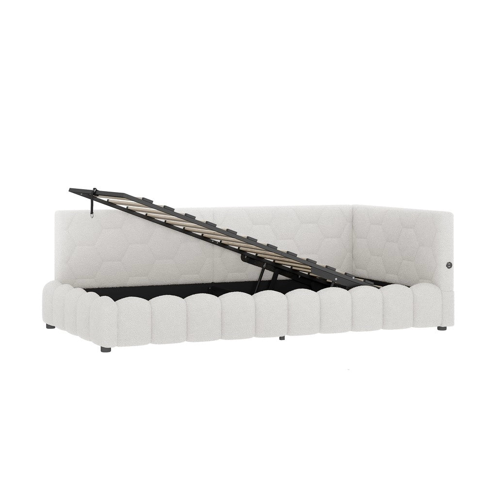 Letto Contenitore Imbottito con LED ¨C MINIMAL ¨C 90x200, Bianco, Idraulico, USB
