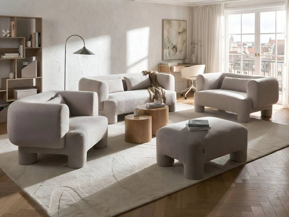 Set da salotto in tessuto beige scuro divano a 3 posti dalle linee morbide e curve divanetto poltrona e pouf in stile retrò minimalista