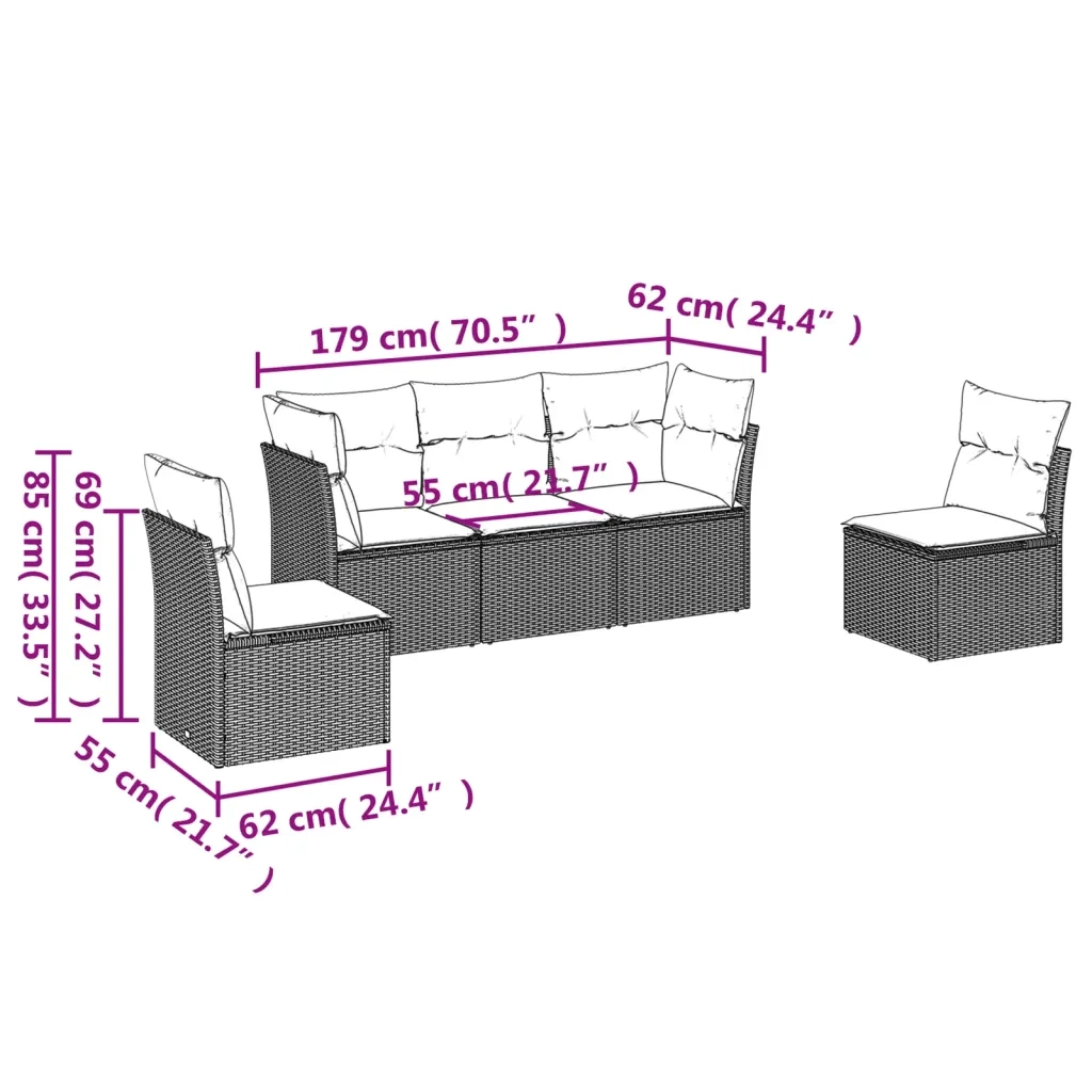 Set Divano da Giardino 5 pz con Cuscini-Sofa da Giardino-Divanetto da esterno Grigio in Polyrattan 956224