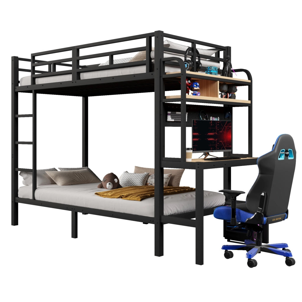 Letto a castello 90x200 cm con scrivania, ripiani, LED e USB