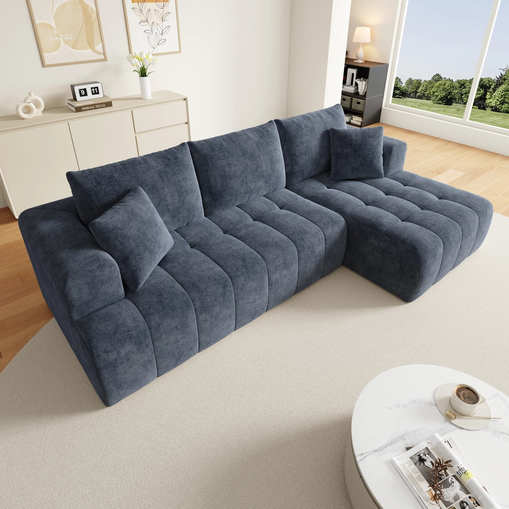 Divano angolare modulare senza struttura 3 o 4 posti con cuscini, in Chenille Blu