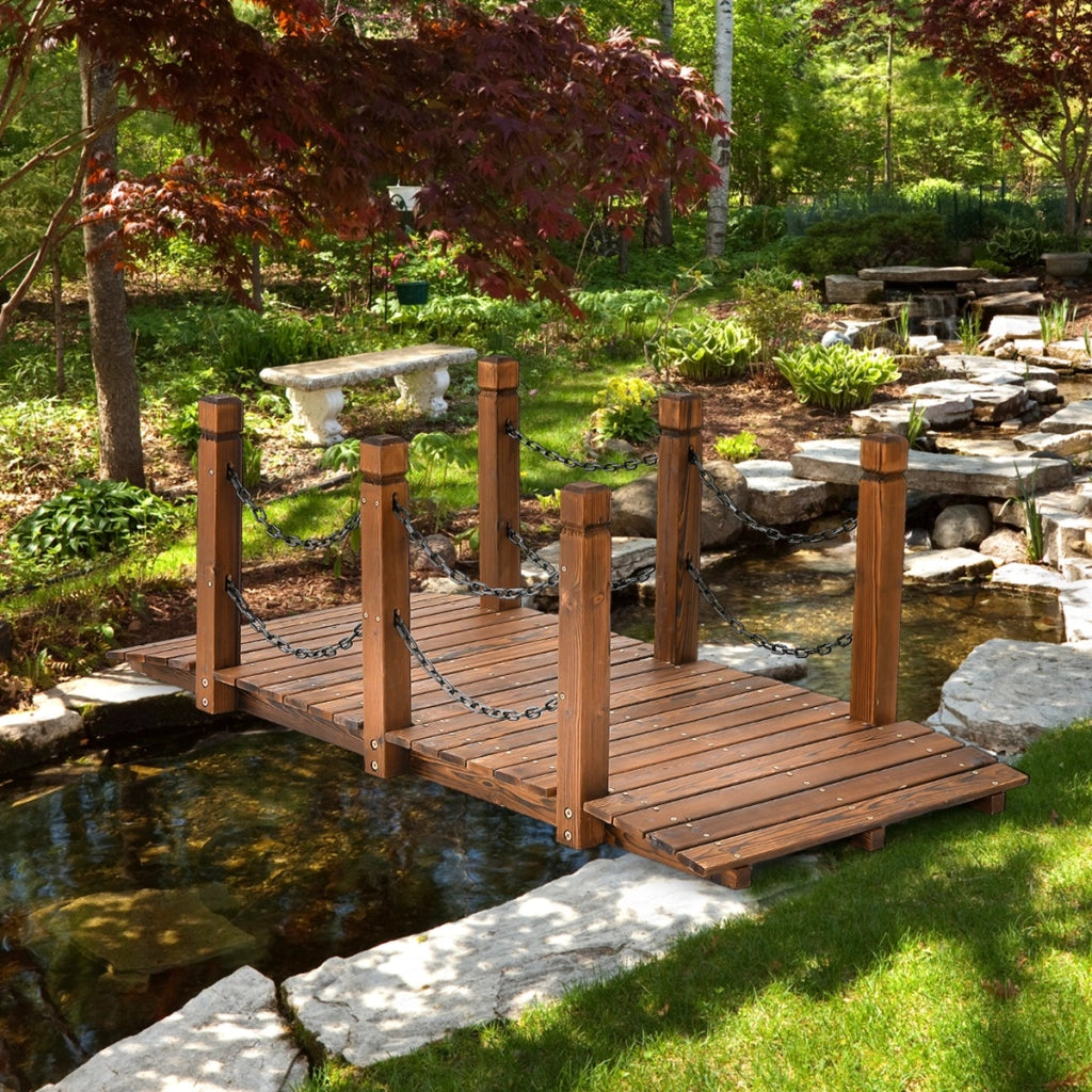 Ponte di legno ad arco con ringhiera con catene, Ponte decorativo per ruscello fattoria cortile giardino Naturale-Decorazioni da giardino