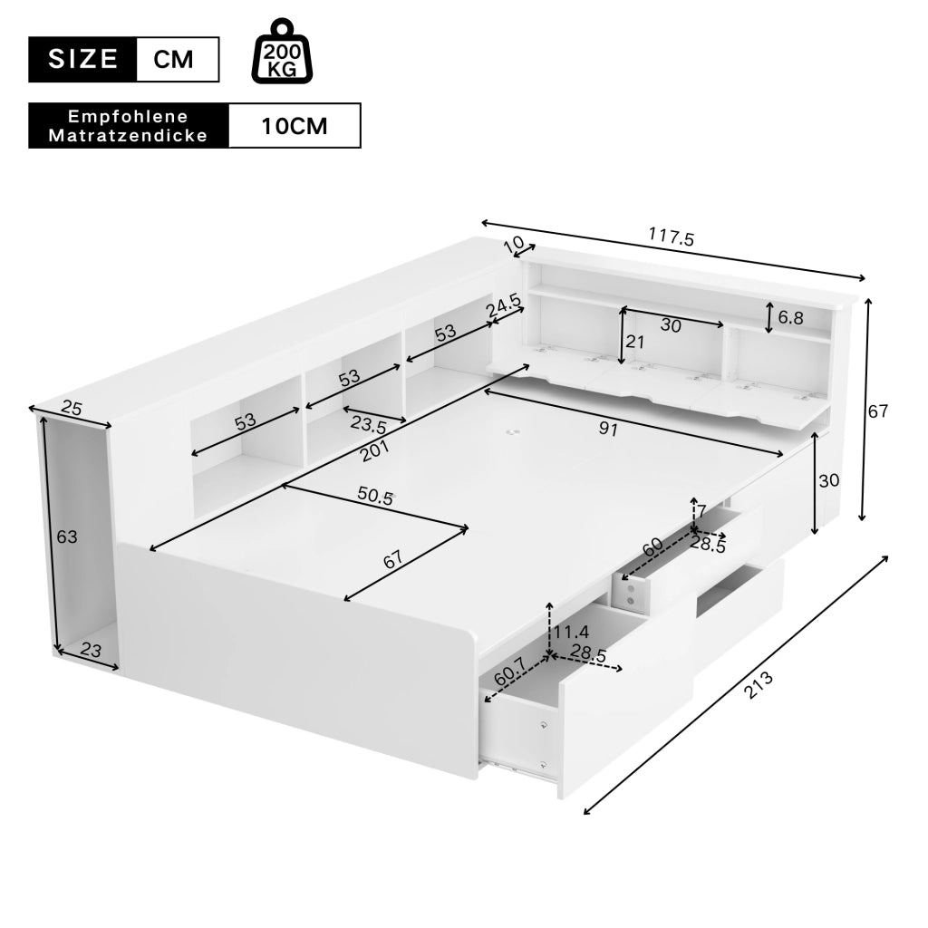 OKWISH Letto Bambino 90×200 cm, Letto Singolo con 4 Cassetti, Libreria e Armadietti Contenitore, senza Materasso, in MDF, Bianco