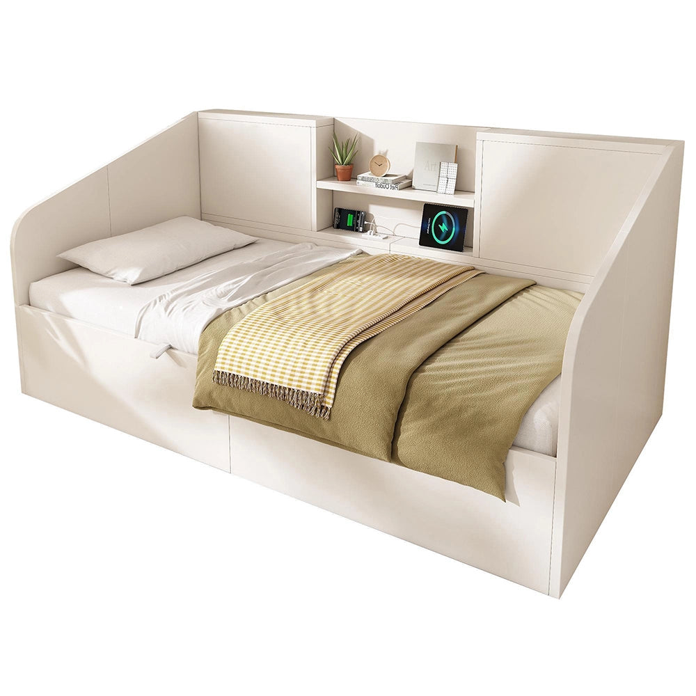 Letto giorno-Xylo-90x190cm legno 2 ripiani USB idraulico bianco senza materasso