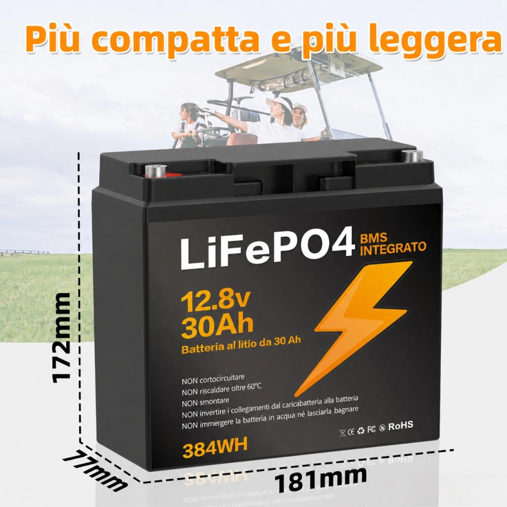 Power Station Portatile con Batteria di Accumulo 12.8V 30Ah 384Wh 1500 cicli; BMS integrato; impermeabile IP67; -20℃ ~ 60℃; per auto; moto; camion