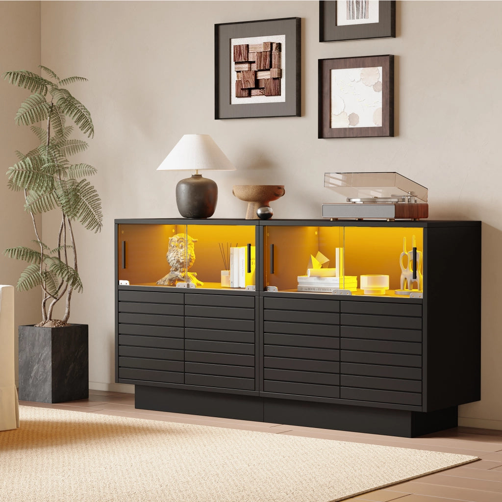 Credenza moderna con LED - Zephmum- 130x35x68cm- 2 ante, 4 ripiani, porte in vetro