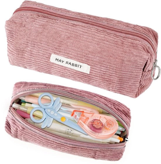 Etui in stile estetico, con tessuto di corduroy, etui elegante, per ragazze e adolescenti, etui rosa per scuola e ufficio.