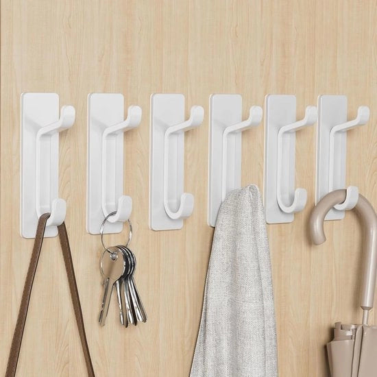 Set di 6 ganci da porta in metallo adesivi con tenuta fino a 6 kg - Bianchi - Senza perforazione - Resistenti alla ruggine - Adesivi per ganci da bagno