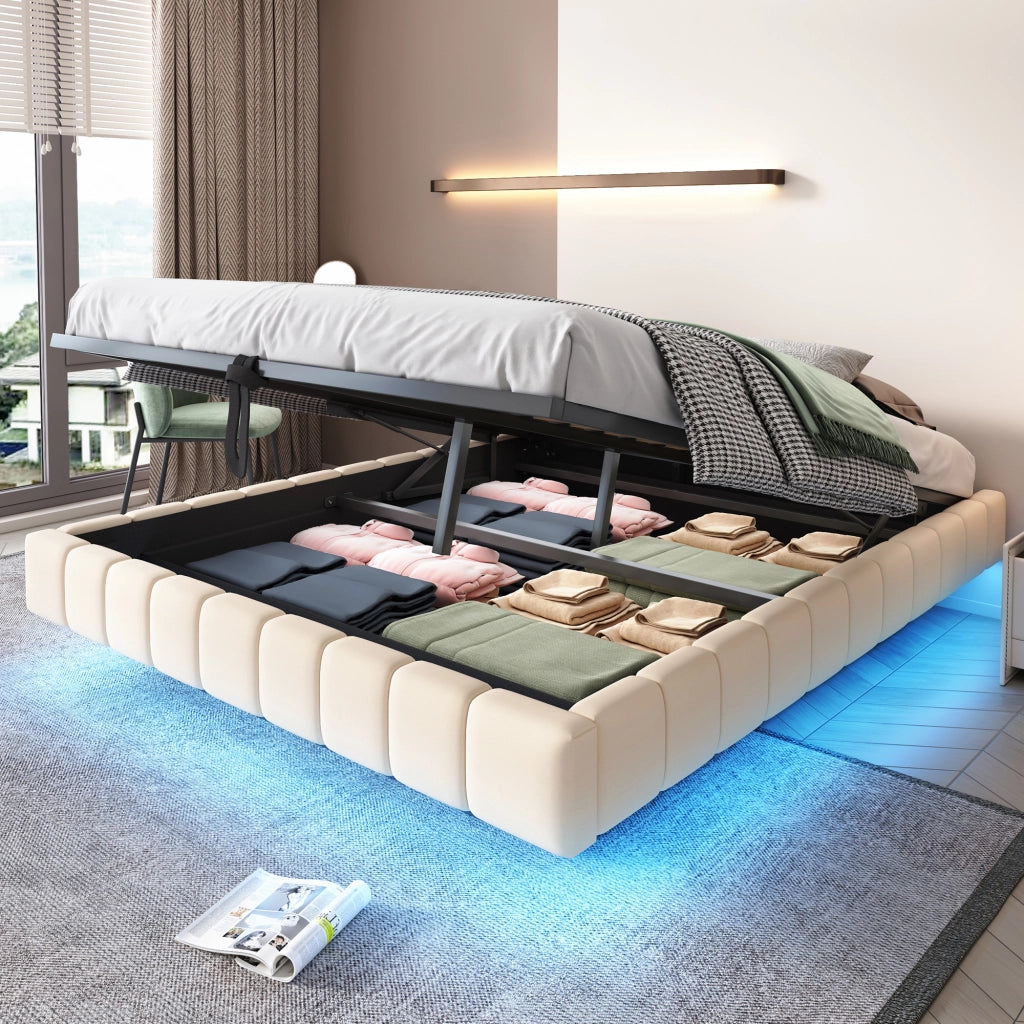 DESMIU Letto Contenitore Letto Matrimoniale con LED Regolabile e Vano Contenitore 160 × 200 cm, Senza Materasso