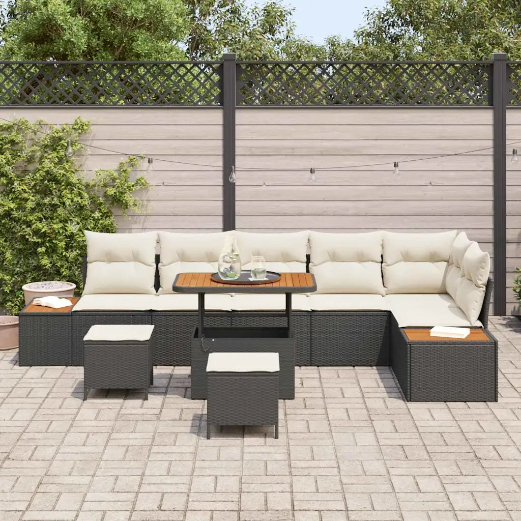Set Divano da Giardino con cuscino 9 pcs Nero Poly Rattan
