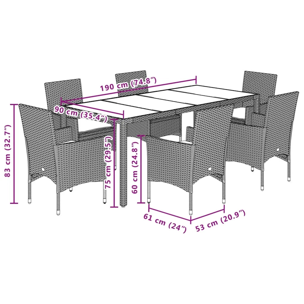 Set Pranzo da Giardino 7 pz Nero con Cuscini Polyrattan Acacia 3278673