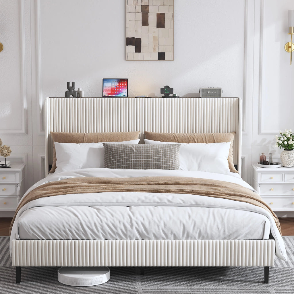 Letto imbottito matrimoniale 180×200 cm con testiera in corduroy; struttura metallica e materasso escluso; beige crema