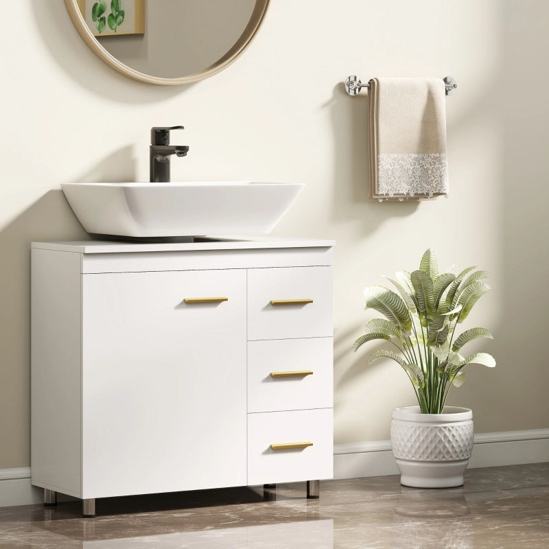 Mobiletto da bagno a 3 ripiani, in MDF e truciolato, colore bianco.