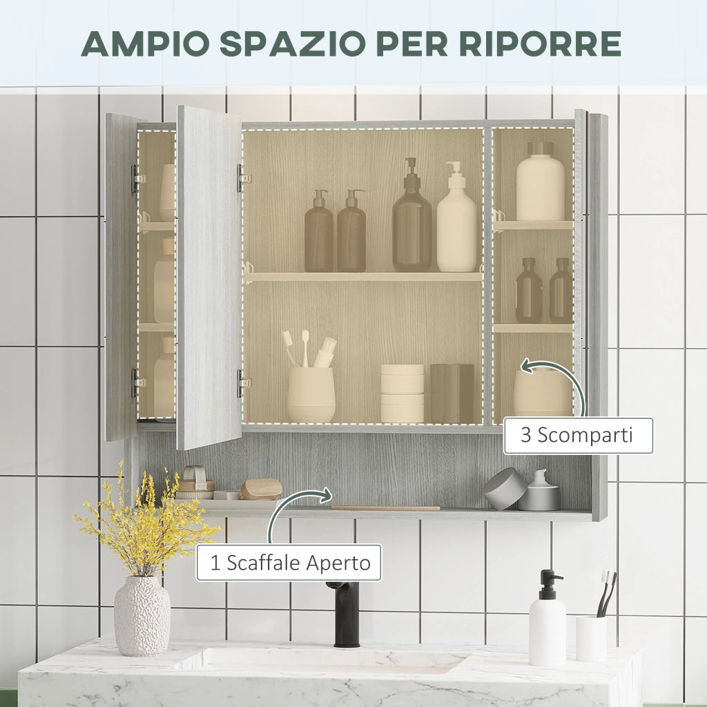 Armadio con specchio e ripiani ¨C Minimal ¨C Grigio, legno, vetro, 90x15x75 cm