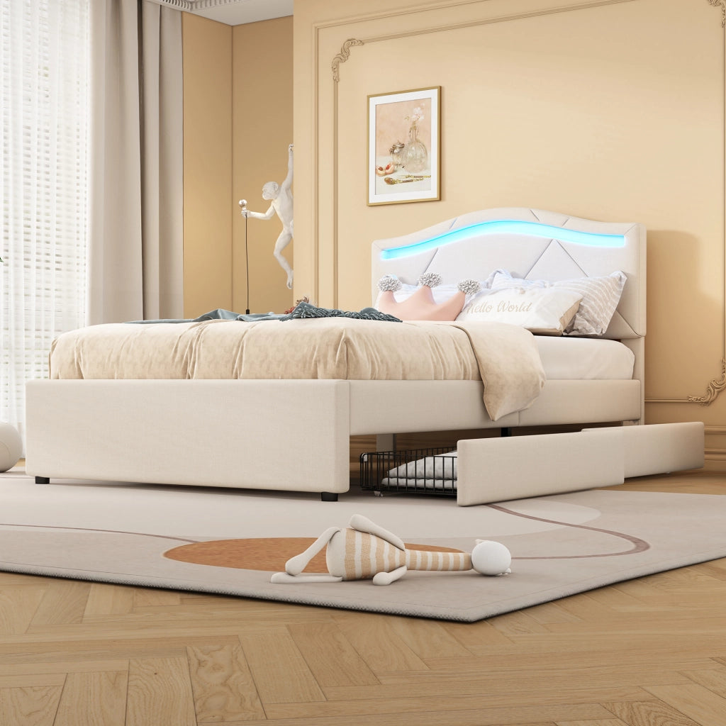 OKWISH Letto Singolo 90×200 cm con LED Regolabile, 2 Cassetti e Testiera Regolabile, senza Materasso, in Lino, Beige