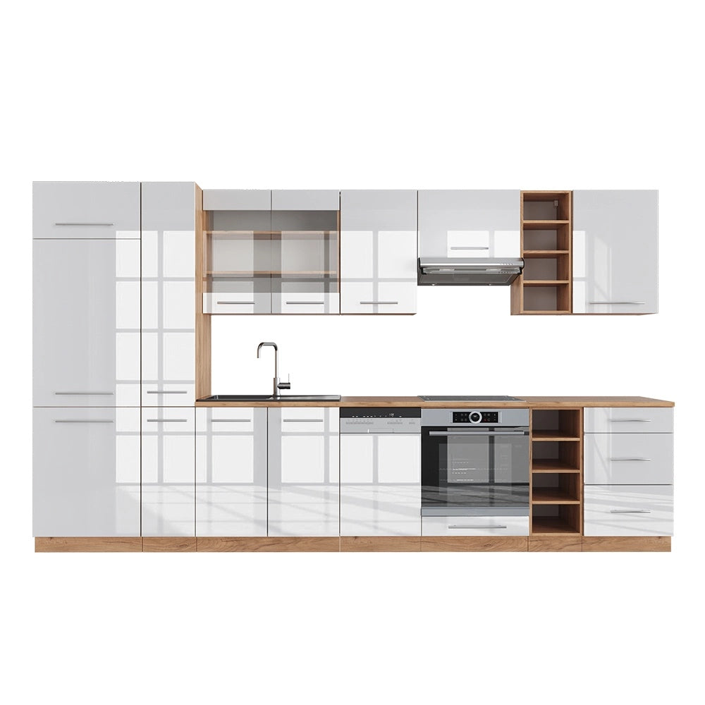 Cucina componibile Fame-Line Bianco lucido/Rovere dorato 355 cm senza piano di lavoro Vicco