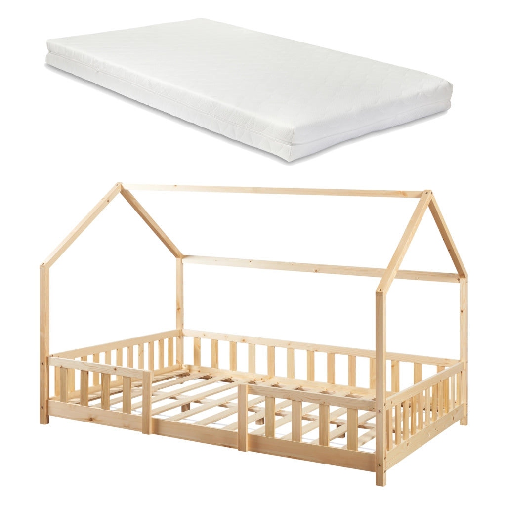 Letto per Cameretta Sisimiut a Forma di Casetta con Materasso 120x200 cm Color Legno Naturale [en.casa] [neu.haus]
