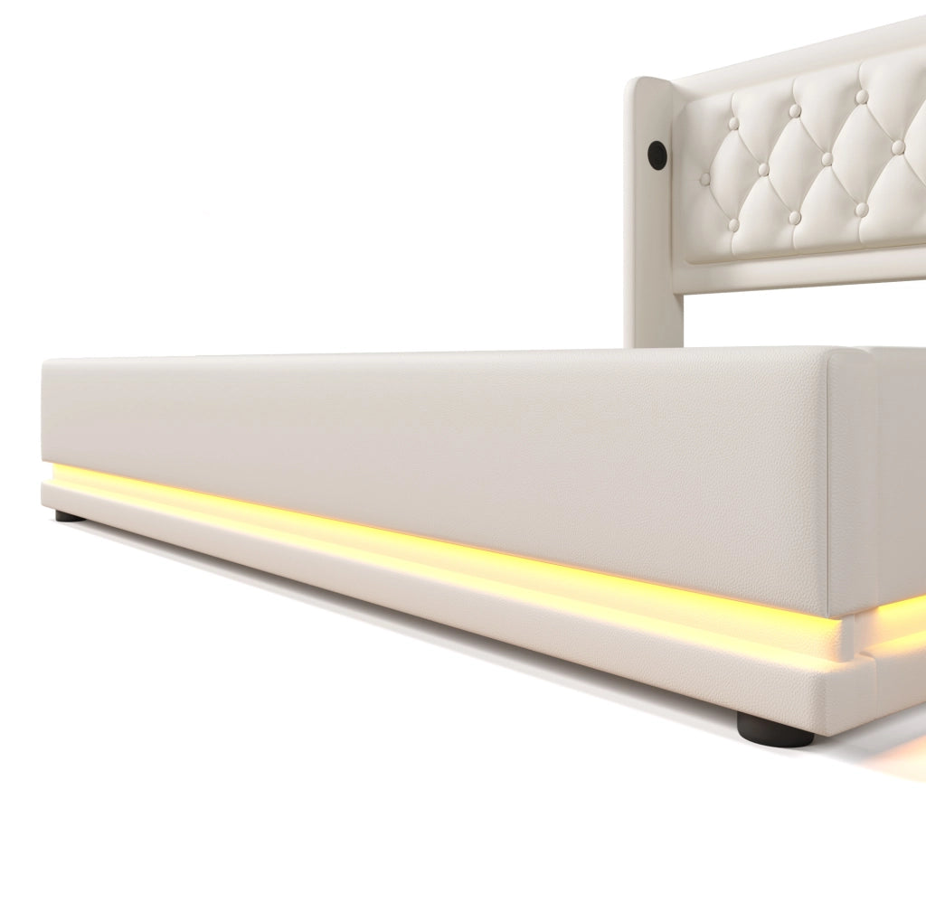 Letto contenitore 180x200 cm in PU bianco con LED e USB Tipo-C