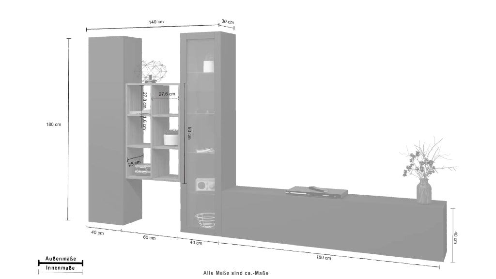 Parete attrezzata antracite moderna vetrina mobile TV libreria legno Rold RT