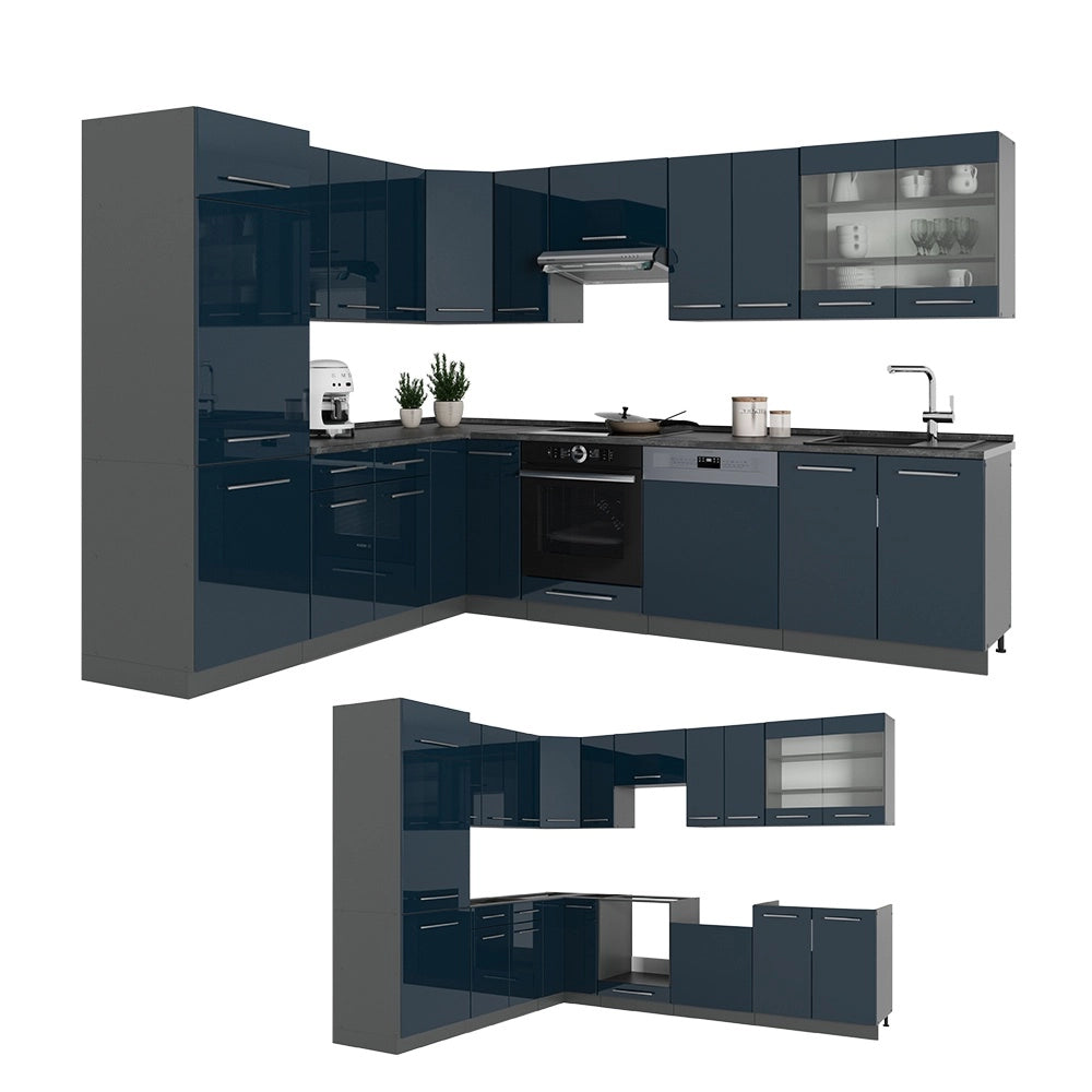 Cucina ad angolo Fame-Line Blu scuro lucido/Antracite 287 x 227 cm senza piano di lavoro Vicco