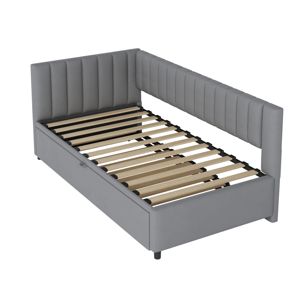 Letto estraibile singolo 90×200 cm e 180×200 cm con testiera imbottita; senza materasso; velluto; grigio