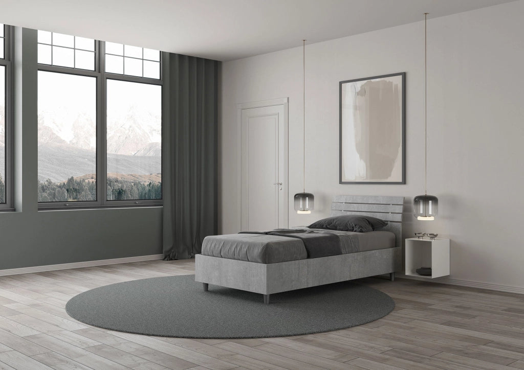 Letto Singolo 80x190 cm con Rete e Contenitore Ankel Testata Doghe Inclinata Cemento