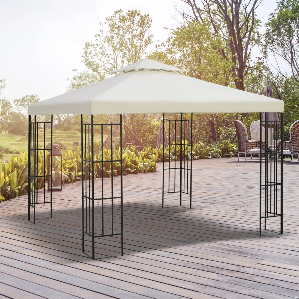 Telo Gazebo 3x3 m a 2 Livelli in Poliestere Resistente. Copertura Gazebo 3x3 con 8 Fori di Drenaggio e Cinghie in chiusura a strappo. Crema