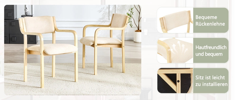 Sedie da pranzo set di 2 in legno curvato con braccioli e schienale ergonomico in tessuto teddy bianco