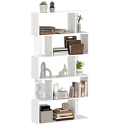 Libreria Asimmetrica a S a 5 Livelli con 10 Ripiani Aperti, in Legno, 80x24x159 cm, Bianco