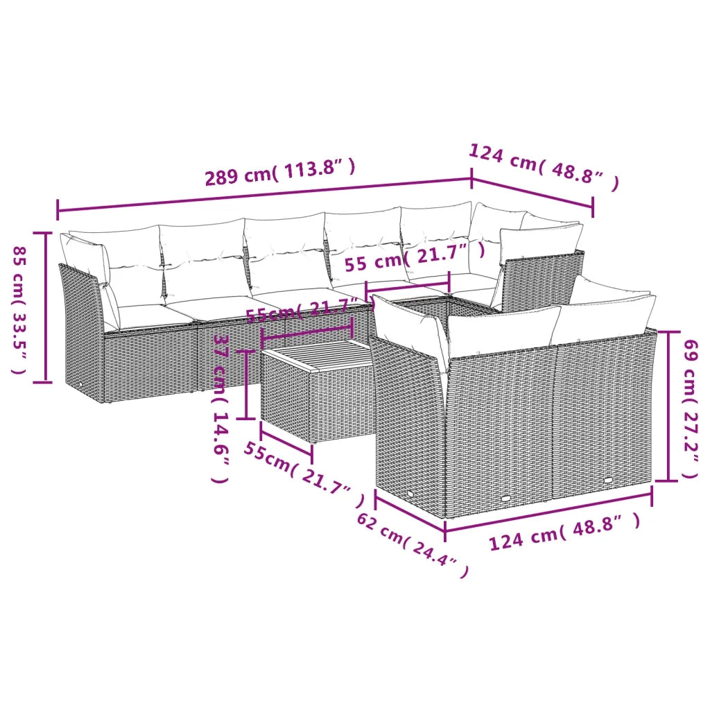 Set Divano da Giardino 9 pz con Cuscini Grigio in Polyrattan 3256067
