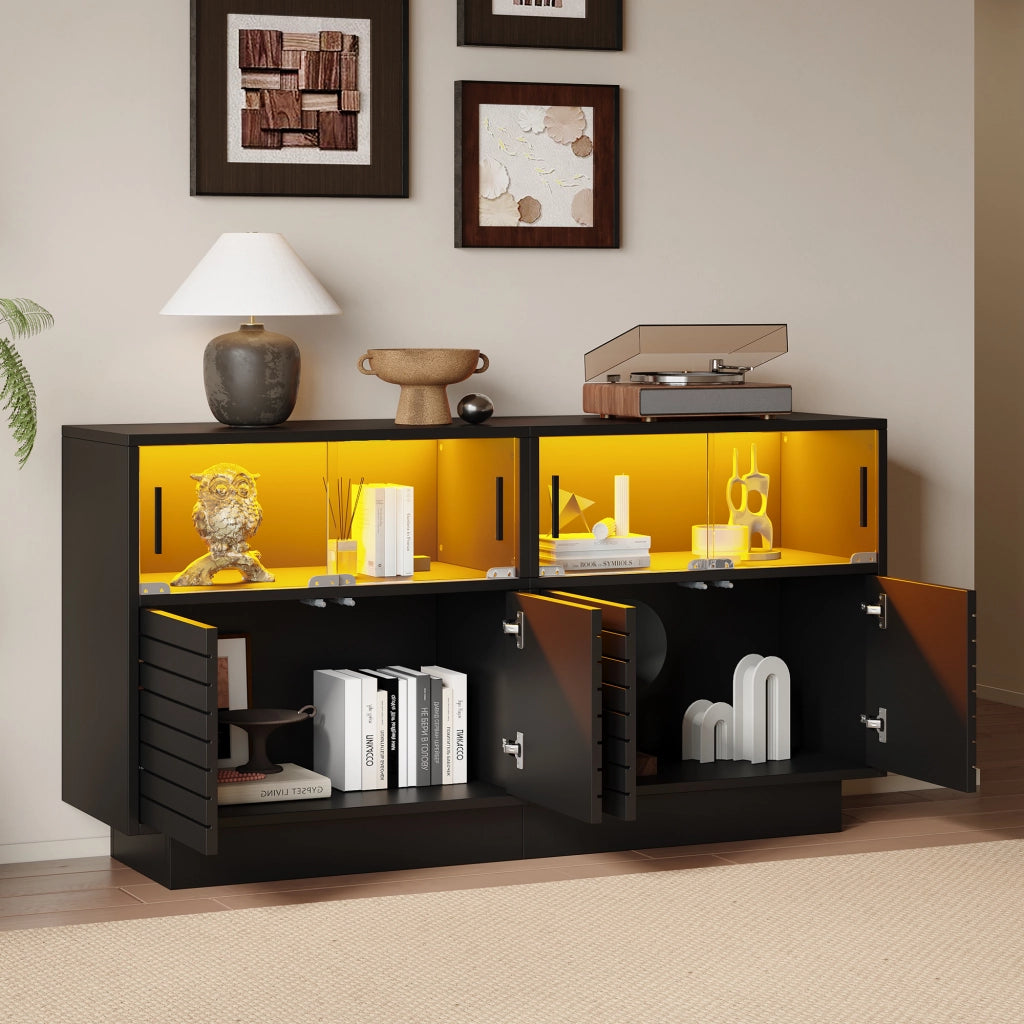 Credenza moderna con LED - Zephmum- 130x35x68cm- 2 ante, 4 ripiani, porte in vetro