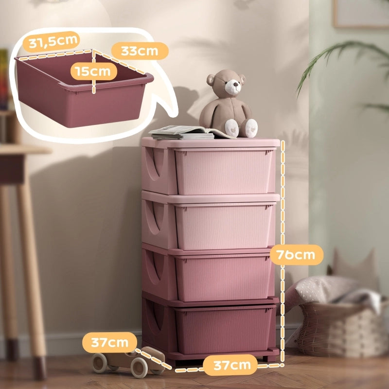 Scatole portaoggetti per bambini, 4 cassetti, bordi arrotondati, design in rilievo, 37x37x76 cm, rosa