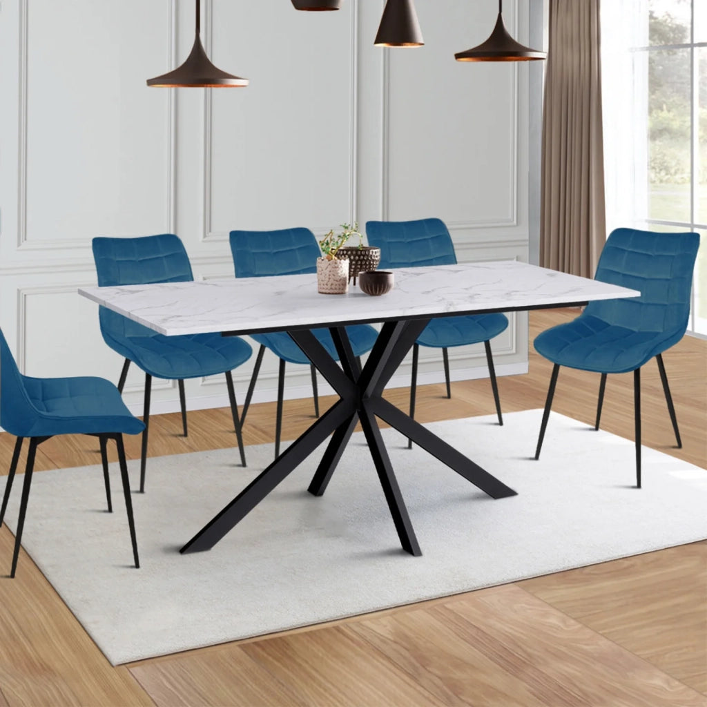 IDMarket - Tavolo da pranzo rettangolare per 8 persone ALASKA con effetto marmo bianco e gamba a ragno in metallo 160 cm
