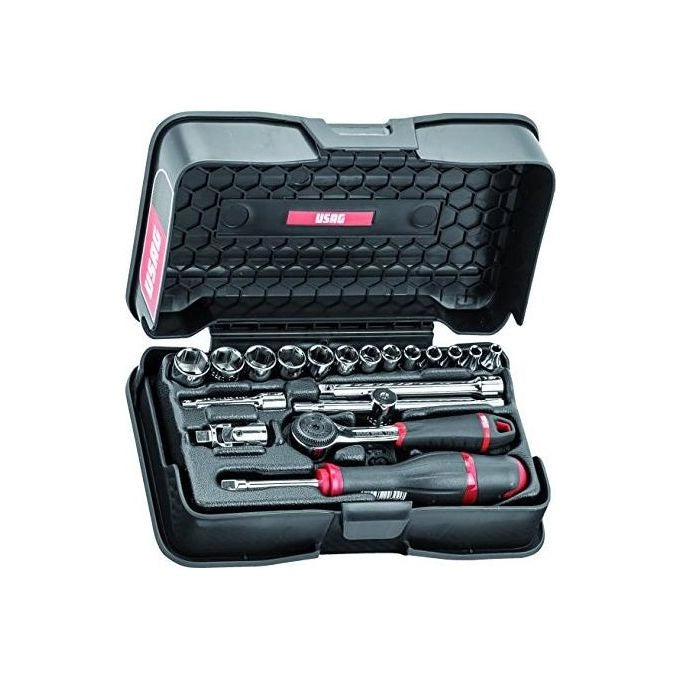 Usag 606 1-4 EA Assortimento Chiavi a Bussola Esagonali 19 pezzi in Cassetta ABS attacco 1-4'' bussole 4-14 mm con cricchetto IP51