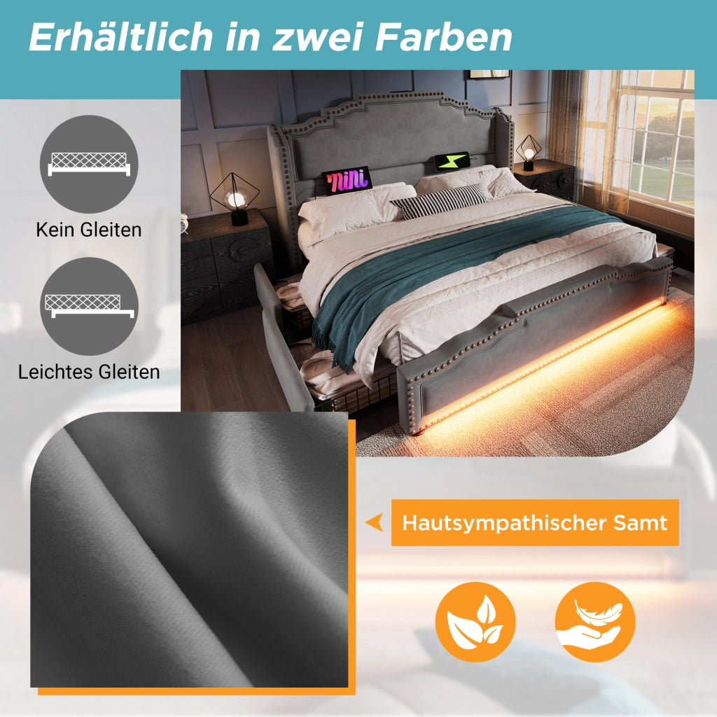 OKWISH Letto con Cassetti 140×200 cm, Letto Matrimoniale con 4 Cassetti, LED Regolabile e USB e Tipo C, senza Materasso, in Velluto, Grigio